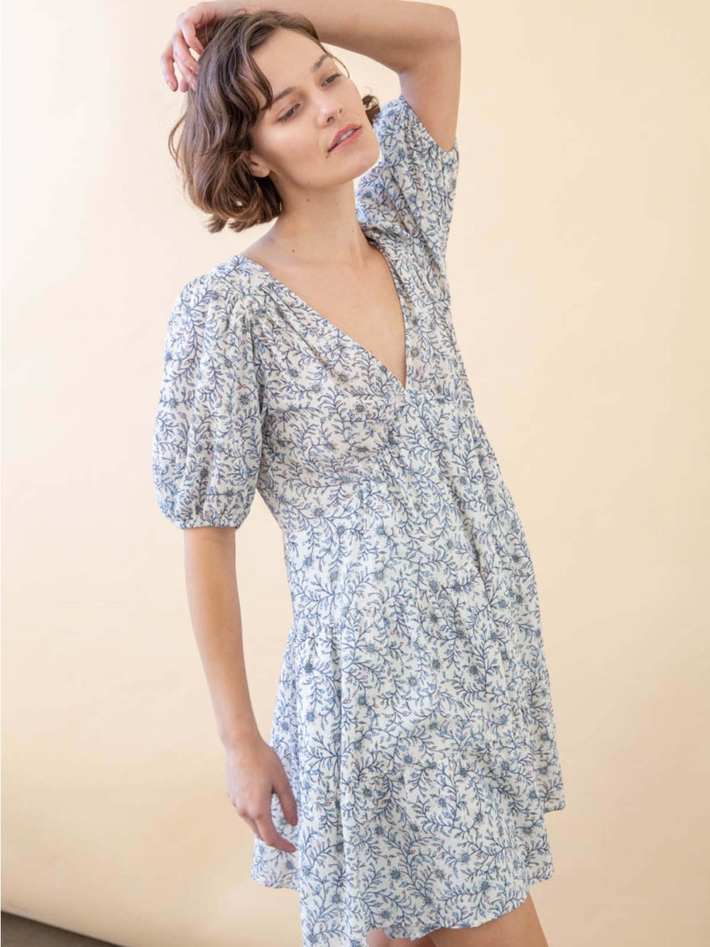 XiRENA Blue and White Floral V-Neck Mini Dress